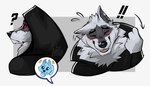 anthro bashful black_body black_facial_markings black_fur black_inner_ear black_inner_ear_fluff black_sclera blue_body blue_fur blush bodily_fluids cheek_tuft directional_arrow duo exclamation_point eyes_closed facial_markings facial_tuft fangs fingers flattered fluffy fur fuzzy grey_body grey_fur head_markings hood hood_down hood_up inner_ear_fluff looking_at_viewer looking_back male markings mask_(marking) multiple_poses neck_tuft one_ear_up open_mouth open_smile pose question_mark questioning red_eyes shy simple_background smile solo_focus sweat sweatdrop teeth tuft white_body white_fur kercia dreamworks puss_in_boots_(franchise) death_(puss_in_boots) canid canine canis mammal wolf hi_res