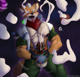 anthro balls blue_body blush bodily_fluids bottomwear clothed clothing cum cumshot destruction earth ejaculation erection feathers fur genital_fluids genitals holding_object humanoid_genitalia humanoid_penis jacket macro male muscular muscular_male nipples open_mouth orange_body orange_fur orgasm penetration penile penile_penetration penis planet planet_destruction planet_dwarfing planet_penetrated simple_background solo space speech_bubble tail terra_macro text tongue tongue_out topwear klr-rio nintendo star_fox falco_lombardi fox_mccloud avian canid canine fox mammal absurd_res digital_media_(artwork) hi_res
