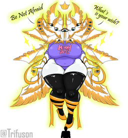 big_breasts black_clothing black_legwear black_thigh_highs breasts clothed clothing crown dialogue eyelashes feathers female footwear front_view headgear huge_breasts legwear looking_at_viewer multi_eye multi_wing orange_body orange_clothing orange_feathers orange_footwear orange_shoes purple_clothing shoes simple_background slightly_chubby solo text thick_thighs thigh_highs white_background white_body white_feathers wide_hips wings trifuson angel biblically_accurate_angel humanoid winged_humanoid absurd_res hi_res