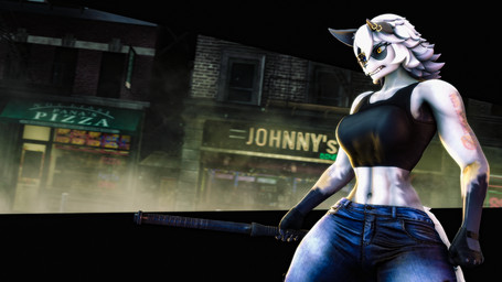 angry anthro baton bottomwear clenched_teeth clothing denim denim_bottomwear denim_clothing female fingerless_gloves gloves handwear heterochromia jeans pants shirt solo tank_top teeth topwear heresy_sfm ludexus_(modeler) epic_games fortnite wolfie_(fortnite) canid canine canis mammal wolf 16:9 3d_(artwork) digital_media_(artwork) widescreen