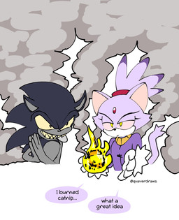 burnt clothing dialogue duo evil_face evil_grin female fire green_eyes humor smile text yellow_eyes quavernsfw sega sonic_the_hedgehog_(series) 2017_x blaze_the_cat sonic.exe sonic_the_hedgehog domestic_cat eulipotyphlan felid feline felis hedgehog mammal english_text hi_res