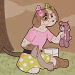 anthro bandage bottomwear bow_ribbon clothed clothing female floppy_ears green_eyes outside playing plushie pretending skirt solo teddy_bear young young_anthro young_female varlus basset_hound canid canine canis domestic_dog hunting_dog mammal scent_hound 1:1 low_res