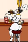 anthro beverage burger butt eating food fries machine male orange_eyes sitting solo white_body jiqqy wendy's 13un lagomorph leporid mammal rabbit robot hi_res