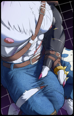 abdominal_scar abs abstract_background anthro areola barely_visible_genitalia barely_visible_penis belt big_bulge big_muscles biped black_border black_clothing black_gloves black_handwear blue_bottomwear blue_clothing blue_jeans blue_pants border bottomwear bulge claws clothed clothed_anthro clothed_male clothing denim denim_bottomwear denim_clothing detailed_bulge erection erection_under_clothing faceless_anthro faceless_character faceless_male finger_claws fingerless_gloves fingers fur genital_outline genitals gloves grey_body grey_fur hand_on_bulge hand_on_own_bulge handwear high-angle_view huge_bulge humanoid_hands jeans male muscular muscular_anthro muscular_male nipples pants pecs penis penis_outline pink_areola pink_nipples purple_claws purple_finger_claws scar solo three-quarter_view topless topless_anthro topless_male torn_bottomwear torn_clothing torn_jeans torn_pants croconut bandai_namco digimon digimon_(species) weregarurumon digital_media_(artwork) hi_res shaded