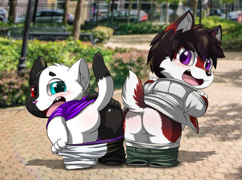 3_fingers anthro anthro_on_anthro ass_to_ass bent_over biped black_body black_bottomwear black_clothing black_eyebrows black_fur black_hair black_nose black_pants black_tail black_tail_tip black_whiskers blue_eyes blurred_background blush bottomwear bottomwear_down butt cheek_tuft claws clothed clothed_anthro clothed_male clothing dipstick_tail duo exhibitionism eyebrows facial_tuft finger_claws fingers fur glistening glistening_eyes green_bottomwear green_clothing green_pants hair hand_on_butt hand_on_own_butt heterochromia inner_ear_fluff jacket leaning leaning_forward looking_at_viewer looking_back looking_back_at_viewer male male/male markings mooning multicolored_body multicolored_bottomwear multicolored_clothing multicolored_fur multicolored_tail multicolored_topwear open_clothing open_jacket open_mouth open_topwear pants pants_down partially_clothed partially_clothed_anthro partially_clothed_male purple_clothing purple_eyes purple_nose purple_shirt purple_topwear purple_underwear raised_tail rear_view red_body red_clothing red_eyes red_fur red_jacket red_tail red_topwear shirt tail tail_markings teeth tongue topwear tuft two_tone_body two_tone_bottomwear two_tone_clothing two_tone_fur two_tone_jacket two_tone_pants two_tone_topwear underwear underwear_down whiskers white_body white_bottomwear white_clothing white_fur white_inner_ear_fluff white_jacket white_pants white_tail white_topwear white_underwear young young_anthro young_male lkiws canid canine canis domestic_cat felid feline felis mammal red_wolf wolf 2018 absurd_res digital_media_(artwork) hi_res
