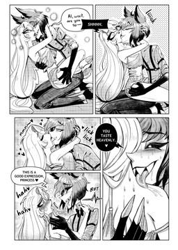 anthro bodily_fluids dewclaw_hooves dialogue duo female french_kissing hooves infidelity kissing kneeling leg_wrap licking male male/female on_lap onomatopoeia saliva saliva_on_tongue saliva_string shoulder_lick smile sound_effects speech_bubble text tongue deerlydepart hazbin_hotel hellaverse alastor_(hazbin_hotel) charlie_morningstar animal_humanoid cervine deer deer_demon deer_humanoid demon humanoid mammal mammal_humanoid 2025 absurd_res comic english_text hi_res monochrome