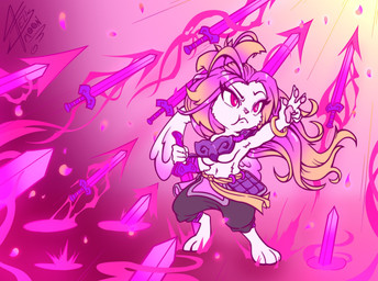 anthro breasts claws energy_sword energy_weapon eyeshadow female fur hair makeup medium_breasts melee_weapon nails pawpads paws pink_eyes pink_eyeshadow pink_hair solo sword under_boob weapon white_body white_fur felismoon gunfire_reborn tao_(gunfire_reborn) lagomorph leporid mammal rabbit hi_res