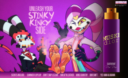 advertisement anthro blurred_character censored_face clothed clothed_anthro clothed_male clothing countershade_feet countershading duo fake_advertisement feet foot_fetish gesture hand_gesture jester male male/male middle_finger musk musk_cloud odor perfume perfume_bottle resting_feet sitting smell smelly smelly_feet spray_bottle standing text tongue tongue_out 3rdharleyjoe hellaverse helluva_boss blitzo_(helluva_boss) fizzarolli_(helluva_boss) humanoid imp hi_res