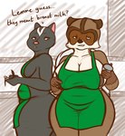 anthro anthrofied apron apron_only belly big_breasts big_butt black_body black_fur breasts brown_body brown_fur butt cellulite clothed clothing container crossgender cup dialogue dual_holding duo female fur green_apron green_clothing holding_container holding_cup holding_note_pad holding_object holding_pen looking_at_viewer mature_anthro mature_female mostly_nude navel nipples notebook nude open_mouth overweight overweight_anthro overweight_female pen pencil_(object) simple_background slightly_chubby slightly_chubby_anthro slightly_chubby_female stretch_marks text thick_thighs wide_hips writing_utensil oystercatcher7 dreamworks i_mean_breast_milk over_the_hedge starbucks rj_(over_the_hedge) stella_(over_the_hedge) mammal mephitid procyonid raccoon skunk digital_media_(artwork) english_text hi_res meme