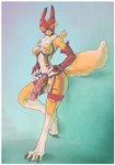 anthro armwear bandai_namco black_sclera blue_eyes breasts bridal_gauntlets canid canine chest_fur clothing collar digimon digimon_(species) digital_media_(artwork) digital_painting_(artwork) digitigrade dildo dominant dominant_anthro dominant_female dominatrix elbow_gloves female fur gloves gloves_(marking) guilmon handwear harness knotted_dildo latex latex_clothing latex_gloves latex_handware latex_handwear leg_markings looking_at_viewer mammal markings mask renamon sex_toy simple_background socks_(marking) solo strapon trogan yellow_body yellow_fur