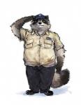 anthro belly bottomwear clothing hat headgear headwear humanoid_hands male overweight overweight_anthro overweight_male pants shirt simple_background solo topwear white_background racoonwolf mammal procyonid raccoon 2011