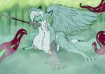 anthro avian beak big_breasts breasts dawmino digital_media_(artwork) erect_nipples feathered_wings feathers female gryphon hanging_breasts hi_res huge_breasts melee_weapon mythological_avian mythological_creature mythology nipples non-mammal_breasts nude polearm solo spear spread_legs spreading tail tentacles weapon wings