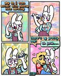 4_fingers 4_panel_comic abstract_background aloha_shirt anthro applying_makeup blush blush_stickers bow_tie closed_smile clothing dialogue duo eyelashes fingers fur grin heart_symbol hug hugging_another hugging_from_behind makeup male male/male mouth_closed overalls pattern_clothing pattern_shirt pattern_topwear personal_grooming purple_eyes shirt smile solo text topwear white_body white_fur yellow_body yellow_fur rawdawgcomics rawdawgcomics_(series) bingus_(rawdawgcomics) stahli_(rawdawgcomics) canid canine canis domestic_dog lagomorph leporid mammal rabbit artist_name digital_media_(artwork) english_text hi_res