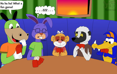 4_fingers aloha_shirt anthro armwear bent_ear biped black_body black_ears black_eyes black_fur black_nose blue_body blue_scales brown_body brown_fur brown_nose buckteeth card card_game chair clothing dialogue elbow_gloves eyelashes eyes_closed eyewear facial_horn fangs female fingers fur furniture gaming glasses gloves green_body green_clothing green_fur green_shirt green_topwear group half-closed_eyes handwear head_tuft horn long_ears male multicolored_body multicolored_fur multicolored_scales narrowed_eyes nose_horn on_chair open_mouth orange_body orange_clothing orange_fur orange_inner_ear orange_shirt orange_stripes orange_topwear pattern_clothing pattern_shirt pattern_topwear pink_nose playing_card purple_body purple_fur scales shirt sitting sitting_at_table sitting_on_chair sleeping smile sound_effects speech_bubble stripes sunglasses teeth text thought_bubble toony topwear tuft two_tone_body two_tone_fur two_tone_scales vowelless vowelless_sound_effect white_body white_clothing white_fur white_gloves white_handwear white_sclera yellow_body yellow_scales yellow_sclera zzz justinanddennis_(artist) exploding_kittens fisher-price kratts'_creatures mattel nelvana pbs the_wild_puffalumps toontown_online zoboomafoo honey_haha lil_oldman monkey_(the_wild_puffalumps) ttark zoboomafoo_(character) coquerel's_sifaka dinosaur equid equine haplorhine horse lagomorph lemur leporid mammal monkey prehistoric_species primate rabbit reptile scalie sifaka strepsirrhine 2023 colored crossover digital_drawing_(artwork) digital_media_(artwork) english_text flat_colors