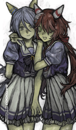 asian_clothing bottomwear clothed clothing duo east_asian_clothing female gesture hand_gesture japanese_clothing japanese_school_uniform school_uniform skirt uniform v_sign batooo_j cygames uma_musume_pretty_derby k.s._miracle_(pretty_derby) win_variaton_(pretty_derby) animal_humanoid equid equid_humanoid equine equine_humanoid horse_humanoid humanoid mammal mammal_humanoid hi_res