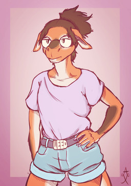 ambiguous_gender annoyed anthro belt bottomwear clothing collarbone denim denim_bottomwear denim_clothing denim_shorts ears_down eyewear glasses hair pivoted_ears pockets round_glasses shirt shorts simple_background solo tied_hair topwear glopossum red_(glopossum) lizard reptile scalie 2017 nonbinary_(lore)