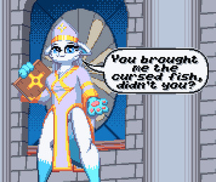 anthro book bottomless church clothed clothing dialogue female fur inside looking_at_viewer priest priest_robes religion religious_symbol smile smiling_at_viewer solo speech_bubble standing tail text white_body white_fur zeka10000 fish!_(game) pristina_(character) felid feline mammal digital_media_(artwork) english_text pixel_(artwork)