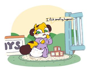 3_fingers ambiguous_gender anthro baby_talk bib big_diaper blush blush_lines blush_stickers border box brown_body brown_ears brown_fur brown_markings brown_nose brown_tail brown_tail_tip chest_(container) clothed clothing container crib detailed_background dialogue diaper dipstick_tail ellipsis feces fingers fur hand_on_face looking_back markings multicolored_body multicolored_fur nursery onesie open_mouth open_onesie pooping purple_onesie rug snaggle_tooth soiled_diaper soiling soiling_diaper solo speech_bubble standing tail tail_markings tan_body tan_fur tan_inner_ear text toy_chest two_tone_tail unclean_diaper used_diaper using_diaper wearing_diaper white_border yellow_body yellow_fur yellow_tail boredomwithfriends ace_(boredomwithfriends) felid mammal pantherine tiger 2026 english_text full-length_portrait hi_res portrait