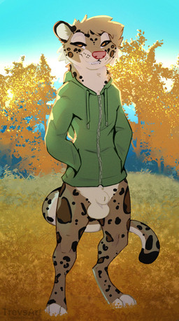 animal_genitalia anthro autumn balls barefoot biped bottomless bottomless_anthro bottomless_male brown_body brown_fur casual_exposure cheek_tuft clothed clothing facial_tuft fangs feet fully_sheathed fur genitals grin jacket male markings narrowed_eyes nature outdoor_nudity outside paws sheath smile smiling_at_viewer solo spots spotted_body spotted_fur tail teeth topwear tuft trevart psyolus clouded_leopard felid mammal pantherine 2022 full-length_portrait hi_res portrait signature