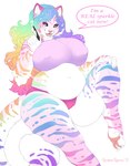 anthro belly big_belly big_breasts breasts camel_toe clothed clothing fangs female fur grey_eyes hair huge_breasts looking_at_viewer markings multicolored_hair multicolored_markings navel nipple_outline open_mouth open_smile overweight overweight_anthro overweight_female pink_body pink_fur pink_nose purple_clothing purple_topwear rainbow_hair rainbow_markings smile solo striped_arms striped_legs striped_markings striped_tail stripes tail tail_markings teeth topwear white_body white_fur tiggybloom marzipan_(spottedtigress) felid mammal pantherine tiger hi_res