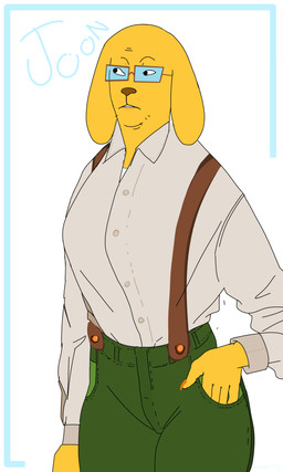 bottomwear clothing eyewear female floppy_ears fur glasses green_bottomwear green_clothing green_pants joon_(soybooru) nails overalls pants solo stubble yellow_body yellow_fur armedantagonist arthur_(series) markiplier_soyjak mr_morris canid canine canis domestic_dog humanoid mammal 3:5 absurd_res hi_res