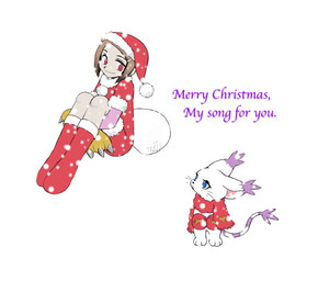 anthro blue_eyes christmas_clothing christmas_headwear clothing duo female fur gloves handwear hat headgear headwear holidays kemono santa_hat snow white_body white_fur teiso_dog bandai_namco christmas digimon hikari_kamiya digimon_(species) gatomon human mammal