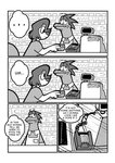 anthro card cash_register duo ellipsis female male store text galactabee nikki_(galactabee) canid canine canis domestic_dog lizard mammal reptile scalie 2021 absurd_res comic english_text hi_res monochrome