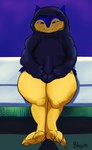 anthro balls bench big_balls big_penis blue_body blue_fur bottomless bulge bulge_grab claws clothed clothing detailed_bulge erection feet fur genital_outline genitals hand_in_pocket hand_on_penis hands_in_both_pockets hiding_erection hood hood_up hoodie hoodie_only looking_at_viewer male masturbation penis penis_outline pockets sitting solo thick_thighs topwear topwear_only yellow_body yellow_eyes yellow_fur blujie conditional_dnp nintendo pokemon fan_character generation_2_pokemon pokemon_(species) typhlosion absurd_res hi_res