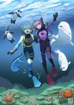 anthro clothing diving_suit drysuit duo female fin legwear male male/female scuba scuba_diving swimwear text underwater water kyriepoda ashley_the_cat echo_(mermaidnerin) domestic_cat felid feline felis mammal mustelid otter absurd_res english_text hi_res