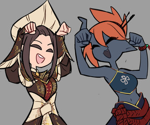 accessory belt blue_clothing brown_clothing brown_hair clothing cord duo eyes_closed female frilly frilly_clothing hair hair_accessory hair_sticks headdress paw_pose pose red_belt red_hair red_wristband simple_background smile white_waistband centurii-chan_(artist) demon demon_humanoid human humanoid mammal character_request hi_res