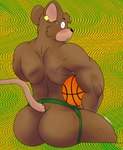 anthro ball basketball_(ball) big_butt blush butt clothed clothing digital_background ear_piercing jockstrap jockstrap_only looking_at_viewer male muscular piercing simple_background solo surprised_expression tail topless underwear underwear_only cake_top andre_(chef_nook) mammal mouse murid murine rodent absurd_res digital_media_(artwork) hi_res