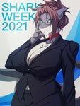 anthro big_breasts breasts brown_hair cleavage clothed clothing eyewear female glasses green_eyes hair non-mammal_breasts solo text q_wed fish marine shark absurd_res english_text hi_res