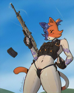 anthro assault_rifle black_eyes blush bulletproof_vest camel_toe clothed clothing female fingerless_gloves fur gloves gun handwear holding_assault_rifle military_vest multicolored_body multicolored_fur navel pubes ranged_weapon reloading rifle skimpy skimpy_bottomwear solo tail tattoo thong underwear weapon white_body white_fur zicaneborgen epic_games fortnite cate_meowdy calico_cat domestic_cat felid feline felis mammal 4:5 hi_res