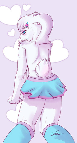 anthro blush bottomwear clothed clothing crossdressing femboy footwear knee_highs knee_socks knock-kneed legwear male miniskirt pose presenting raised_tail skirt socks solo tail topless snofu scheknul arctic_hare hare lagomorph leporid mammal digital_media_(artwork) hi_res