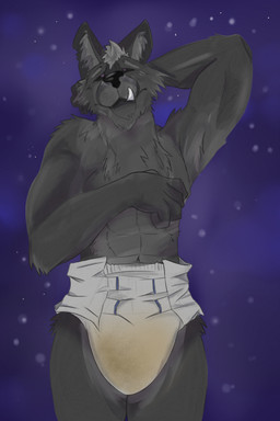anthro bodily_fluids clothed clothing diaper diaper_only embarrassed fur genital_fluids grey_body grey_fur hand_behind_head male muscular muscular_anthro muscular_male pantsless_anthro pantsless_male purple_background shirtless_anthro shirtless_male shy simple_background solo standing topless unclean_diaper urine used_diaper wearing_diaper wet_diaper scripin elden_ring fromsoftware blaidd_(elden_ring) canid canine canis mammal wolf hi_res
