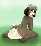 anthro barefoot big_butt black_nose blush brown_body butt feet femboy floppy_ears freckles hair kneeling looking_back male nude open_mouth short_hair short_tail simple_background solo tail xmetalhusky animal_crossing nintendo digby_(animal_crossing) canid canine canis domestic_dog mammal shih_tzu toy_dog 2019 hi_res