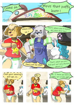 abdl ageplay anthro clothed clothing diaper diaper_fetish duo fur hair horn humiliation infantilism male plushie roleplay teasing text wearing_diaper ahcocqui mythology welof canid canine canis domestic_dog equid equine mammal mythological_creature mythological_equine unicorn absurd_res comic digital_media_(artwork) english_text hi_res