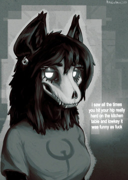 anthro black_hair black_sclera bone ear_piercing eyelashes fangs female hair logo_on_shirt long_hair looking_at_viewer piercing skull skull_head solo teeth white_eyes maggotmilk microsoft quake scp_foundation scp-1471-a canid mammal skulldog_(species) hi_res