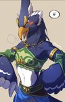 angry anthro beak biped blue_body blue_feathers blush clothed clothing cross-popping_vein crossdressing embarrassed feathers gerudo_outfit male solo vein lan_rizardon breath_of_the_wild nintendo the_legend_of_zelda revali avian bird rito 2020 digital_media_(artwork) hi_res