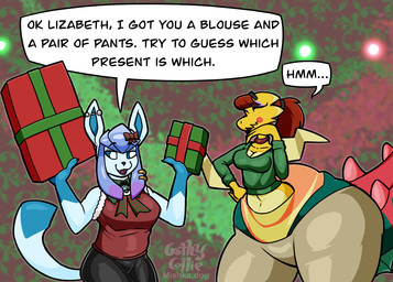 accessory anthro big_tail blue_body blue_fur blue_sclera bottomwear bow_ribbon breasts choker christmas_present clothing dialogue duo ear_piercing ear_ring eyes_closed female fur gift gloves_(marking) gold_(metal) gold_jewelry hair hair_accessory hair_bow hair_ribbon hair_tie hand_on_chin hand_on_hip humanoid_hands industrial_piercing jewelry markings necklace open_mouth pants piercing pokeball pokeball_clothing ribbons ring_piercing sleeveless_shirt speech_bubble tail text tied_hair white_eyes yellow_body gothycollie nintendo pokemon lizabeth_(gothycollie) rhea_(gothycollie) dracozolt eeveelution fossil_pokemon generation_4_pokemon generation_8_pokemon glaceon pokemon_(species) 2025 digital_drawing_(artwork) digital_media_(artwork) english_description english_text hi_res