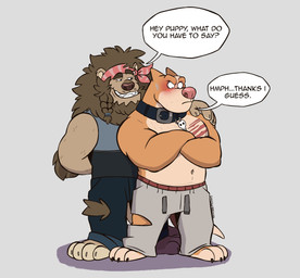 anthro arm_around_another arm_around_partner arm_behind barefoot bashful belly big_muscles black_collar blue_bottomwear blue_clothing blue_pants blue_shirt blue_topwear blush blush_lines bodily_fluids body_hair bottomwear brown_body brown_fur brown_nose chest_hair chest_scar claws clothing collar collar_tag crossed_arms dialogue drawstring drawstring_bottomwear drawstring_clothing drawstring_pants duo embarrassed embarrassed_expression embarrassed_male eyebrows fangs feet flirting fur grabbing_another grabbing_partner grey_bottomwear grey_clothing grey_pants grey_sweatpants grin grumpy hand_behind_back hand_on_shoulder holding_another holding_partner holding_shoulder looking_away looking_down male male/male mane manly muscular muscular_anthro muscular_male orange_body orange_fur pants pec_scar pink_nose red_bandana red_clothing scar secretly_loves_it shadow shirt simple_background skull_collar skull_collar_tag smile speech_bubble sweat sweatdrop sweaty_body sweaty_face tail teasing teeth text thick_arms thick_eyebrows topwear torn_bottomwear torn_clothing torn_pants tough_guy whiskers white_background syncrotrace canid canine canis domestic_dog felid feline lion mammal pantherine pit_bull english_text hi_res