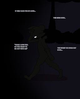 anthro dialogue femboy forest love male plant shadow silhouette silhouette_background silhouetted_body solo tail text thinking tree token_taker nintendo pokemon pan_(token_taker) generation_6_pokemon pancham pokemon_(species) absurd_res comic digital_media_(artwork) english_text hi_res