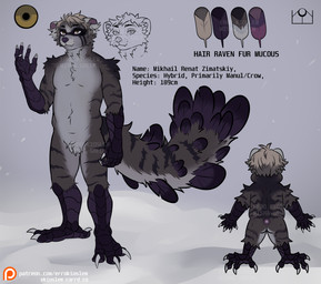 anthro avian_arms avian_feet blonde_hair feathered_tail feathers front_view fur hair inner_ear_fluff male simple_background simple_coloring solo striped_body striped_fur stripes tail text tuft errokioslem avian bird canid canine corvid corvus_(genus) felid feline fox hybrid mammal oscine pallas's_cat passerine raven english_text full-length_portrait hi_res model_sheet portrait