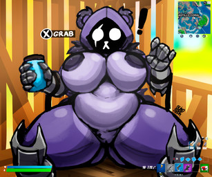 anthro arm_tuft armor armored_boots big_breasts breasts butt butt_from_the_front clothing empty_eyes eye_scar facial_scar female front_view fur gauntlets genitals gloves handwear holding_object huge_breasts looking_at_viewer nude obscured_face purple_body purple_fur purple_hood scar shoulder_tuft sitting slightly_chubby solo spread_legs spreading text thick_thighs tuft vulva white_eyes wide_hips blindstash epic_games fortnite raven_team_leader bear mammal absurd_res hi_res