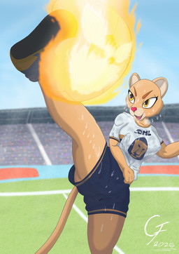 anthro ball bodily_fluids bottomwear breasts clothed clothed_anthro clothed_female clothing female fire fireball hissatsu mascot nipple_outline shirt shorts sky soccer soccer_ball soccer_field soccer_jersey soccer_uniform solo sport sportswear sweat technique text topwear uniform wet wet_clothing yellow_eyes overlord_gabriel club_universidad_nacional dhl liga_mx goya_(pumas_unam) cougar felid feline felis mammal colored digital_drawing_(artwork) digital_media_(artwork) english_description english_text hi_res
