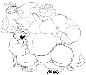 anthro asian_clothing belly big_belly big_muscles clothing east_asian_clothing flexing group horn huge_muscles japanese_clothing male mawashi musclegut muscular muscular_arms muscular_male overweight overweight_male pecs sumo sumo_wrestler trio c-trigger kaiju monster black_and_white monochrome