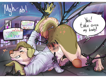 anal anal_penetration anthro belly clothing dialogue dripping futuristic laboratory latex male merging nipples nude penetration science science_fiction shy solo tail text transformation kryzyasha fan_character canid canine canis domestic_dog goo_creature mammal symbiote absurd_res digital_media_(artwork) english_text hi_res letterbox