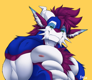 blue_body blue_fur chest_tuft countershade_accent fur gentle_giant grin horn long_ears looking_at_viewer looking_down male muscular nipples pecs pink_nipples smile smirk solo spikes spikes_(anatomy) tuft rentalgf mythology dragon mythological_creature mythological_scalie scalie hi_res