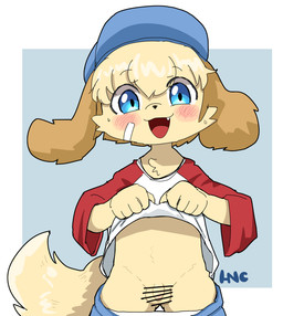 anthro balls bangs blue_background blue_eyes blush border bottomwear bottomwear_down censored_balls censored_genitalia censored_penis clothed clothing clothing_lift embarrassed fangs flaccid foreskin fur genitals hair hair_between_eyes happy humanoid_genitalia humanoid_penis looking_at_viewer male open_mouth pants pants_down partially_clothed penis red_clothing red_shirt red_topwear shirt shirt_lift simple_background solo tan_body tan_fur tan_hair teeth topwear underwear underwear_down white_border white_clothing white_shirt white_topwear young young_anthro young_male hinako_iroiro katera canid canine canis domestic_dog mammal 2024 censored japanese_description