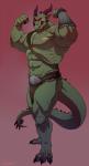 3_toes 5_fingers abs anthro barefoot biceps big_muscles biped bottomwear bulge butt claws clothed clothing digitigrade fangs feet fingers fist flexing green_body green_skin grin horn loincloth looking_at_viewer male muscular muscular_anthro muscular_male navel pecs pose pupils red_eyes simple_background slit_pupils smile solo standing tail teeth thick_tail toe_claws toes vein veiny_muscles rossciaco mythology varanis_blackclaw dragon mythological_creature mythological_scalie reptile scalie 2015 digital_media_(artwork) hi_res